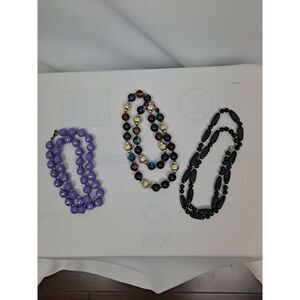 3 Ladies Beaded Necklaces.  Black, Purple And Multicolor.